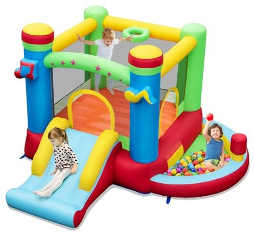 COSTWAY Kids Bouncy Castle, Inflatable Bounce House with Slide, Ball Pit, Basketball Hoop, Children Blow Up Jumper for Indoor Outdoor (without Blower)
