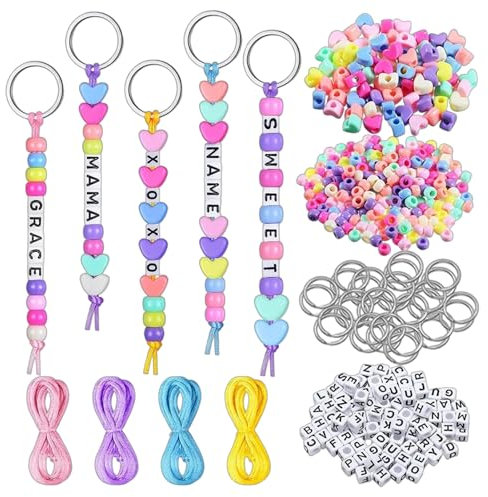 PonFxp 566 Pcs Keyring Making Kit, DIY Keychain Making Kit Includes Key Rings, Letter Bead, Colorful Beads Heart Bead and Cords, Perfect for Handcrafting Keyrings, Backpack Charms, Party Favors