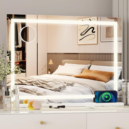 eklipt Hollywood Schminkspiegel mit Beleuchtung 58x46, Spiegel mit Beleuchtung Tischspiegel mit 3 Farbtemperatur Touch Schalter USB und Type-C 10x Vergrößerung Zeit und Temperaturanzeige Wandspiegel