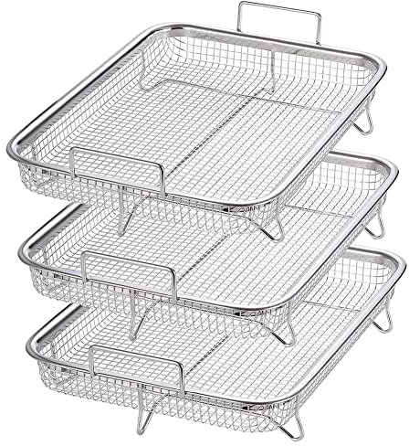 Gosera 3Piece Stainless Steel Grill Basket Non-Stick Mesh Basket Set Air Fryer Tray Wire Rack for Oven,
