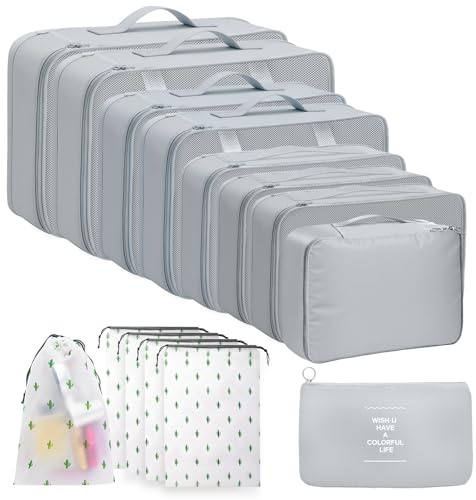 Koffer Organizer Set, 14 Stück Packing Cubes für Reise, Kofferorganizer Packtaschen Set, Wasserdichte Kofferorganizer Packtaschen mit Kosmetiktasche, Reise Gadgets & Travel Organizer Set (Grau)