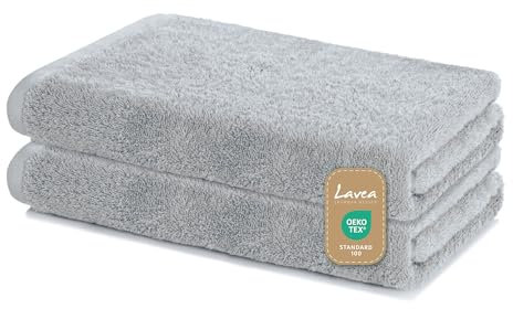 Lavea Duschtücher 2er Set 60x120 cm – Weiche & saugstarke Handtücher aus 100% Baumwolle – Silber – Oeko-TEX 100 Zertifiziert – mit Aufhängeschlaufen – Waschbar bei 60 Grad – Wellness Badetücher