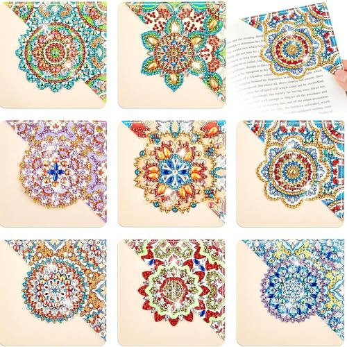 5D Diamant Malerei Eck Lesezeichen 8 Stück Leder Mandala Lotus Lesezeichen DIY Leder Eck-LesezeichenMandala Diamond Painting für Reading Geschenk für Buchliebhaber (BJ14)