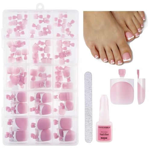 150PCS Pink French Tip Press on Toenails – Short Square Full Cover False Toe Nail Tips with 15 Sizes — Easy Stick on Fake Toenails Set for Women & Girls DIY Pedicure Nail Art Decorations