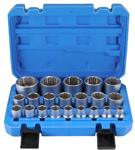 Gueenky 21 Pièces Coffret de Douille Multidents, 8-36 mm Douilles Torx Femelle 1/2 Profil à 12 et 6 Pans, Jeu de Clé à Douille Multiple CR-V, Boîte Bleue