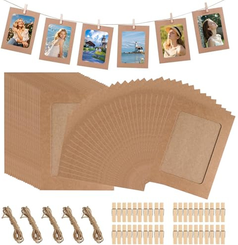 Fotogirlang 50 stycken fotokoppel med klämmor, 10 x 15 cm gör-det-själv papper bildram brun med 50 stycken träklämmor 5 stycken hamparep 15 cm fotoram av kartong för gör-det-själv födelsedag bröllop