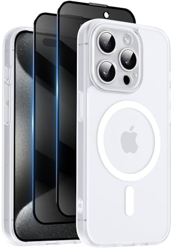 Qasyfanc for iPhone 15 Pro Max Case, Privacy Screen Protectors X2, White | Compatible with MagSafe, Camera Protection, 15FT Military Drop Protection, Translucent Matte Shockproof Phone Cover