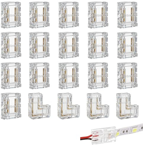 20 Connecteurs LED COB 2 Polig 8mm, 4 Connecteurs d’Angle en L et 16 Connecteurs Droits, Connecteurs Ruban LED Transparent et Sans Soudure, LED Connector COB 8mm pour 12V/24V Raccord Bande LED