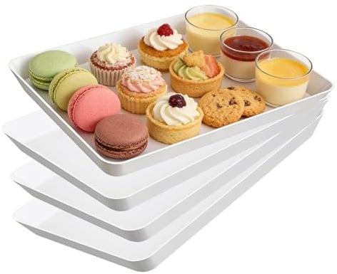 Luckwaii Plastic Serving Tray 4 Pcs White Reusable Dishware Plate 31x22cm | Serving Platters for Party Food Catering Trays for Kitchen Charcuterie Dishes Snacks Fruit Cookies Sandwich Tea Dinner