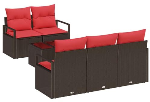 vidaXL Sofa Set 6 pcs Braun und Rot Poly-Rattan, Garten und Terrasse, modernes Lounge-Set, rechteckige Sofa-Kombination, Robustes UV-beständiges Mobiliar für den Patio