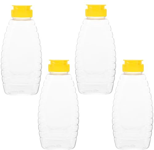 Lot De 4 Bouteilles En Plastique Transparent Pour Miel, Confiture Et Sauces, Capacité 500G (350Ml D'Eau), Avec Couvercle Hermétique, Compactes Et Réutilisables, Idéales Pour Maison, Camping Et Voyage