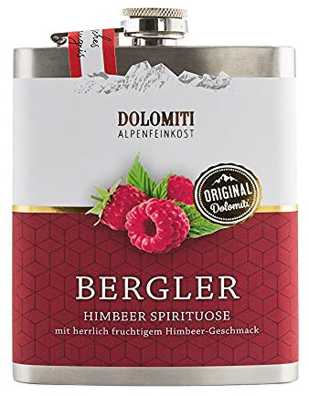 Dolomiti Bergler Himbeer Flachmann 0,2 l – Fruchtiger Himbeerschnaps 35% vol. – Edelstahl-Flachmann für unterwegs – Alpiner Genuss beim Wandern, Ausflügen & Radfahren – Original aus Österreich