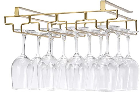 FOMANSH Wine glass holder hanging, no drilling required, storage, no screws required, stainless steel, adjustable shelf thickness, kitchen, Gold