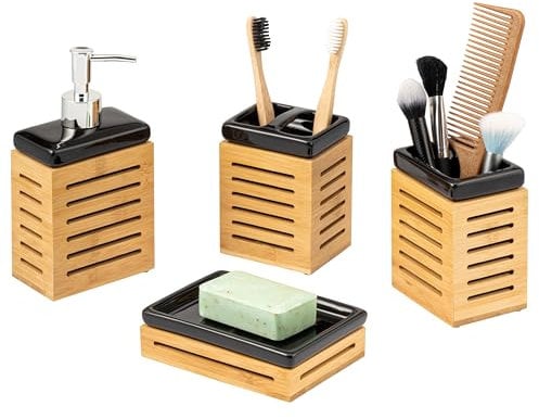 bremermann Badezimmer-Set 4-TLG, Bambus, Keramik, Badezimmer-Zubehör-Set (Keramik-Schwarz)