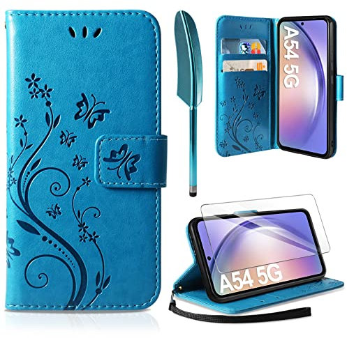AROYI Lederhülle Kompatibel mit Samsung Galaxy A54 5G Hülle und Schutzfolie, Flip Wallet Handyhülle PU Leder Tasche Case Kartensteckplätzen Schutzhülle