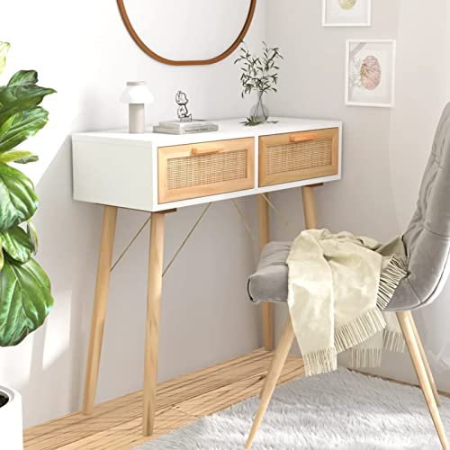 Homgoday Table console blanche 80 x 30 x 75 cm en pin massif et rotin naturel, table d'entrée, table d'appoint fine pour canapé, table d'appoint pour salon, chambre à coucher, couloir, entrée, bureau