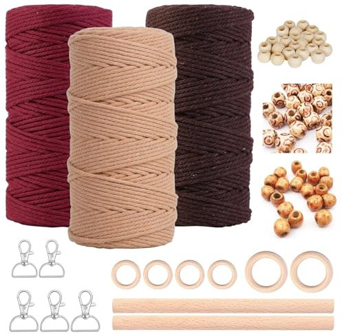 Makramee Garn 3mm x 60m 3er Makramee Set für Makramee Wandbehang Traumfänger Blumenampel Vorhang Schnurkette Bastelset DIY Handwerk, Mit 5 Schlüsselanhänger 60 Holzperlen 6 Holzringe 2 Rundstab