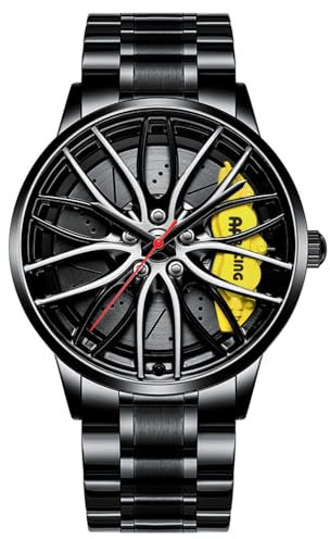 MIDYUID Orologi Auto per Gli Uomini Impermeabile 3D Cavo Rim Hub Movimento Al Quarzo Giapponese Orologio da Polso Orologi da Uomo Sportivi (Steel Yellow)