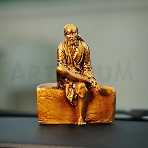 Artarium Sai Baba Statue (10 cm), Shirdi Sai Baba Figur aus Harz & Marmoroptik für Auto Armaturenbrett, Wohnungsdeko, Hausaltar & Büro Tisch Dekoration, Spirituelle Deko & Geschenkidee