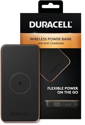 Duracell Wireless 10000mAh Power Bank with 25W Fast Charging PD3.0 USB-C and USB-A | Touchscreen Display | Portable Slim External Battery for iPhone, iPad, Android & Airpods
