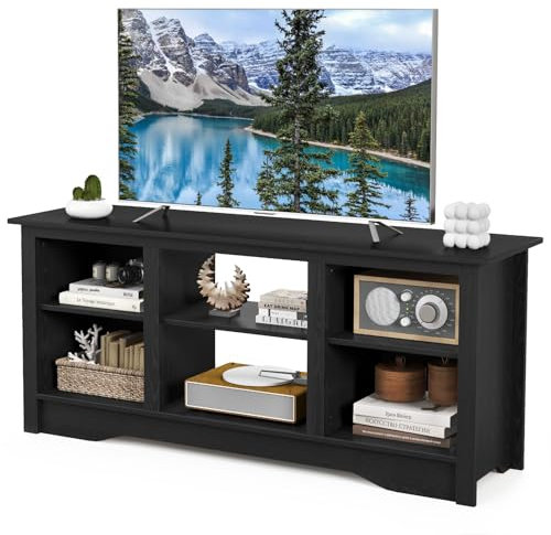 COSTWAY TV Stand for TVs up to 65 Inch, Wooden TV Cabinet Media Entertainment Center with Adjustable Shelves, 147cm Living Room Bedroom TV Unit Console Table for 18 Electric Fireplace (Black)