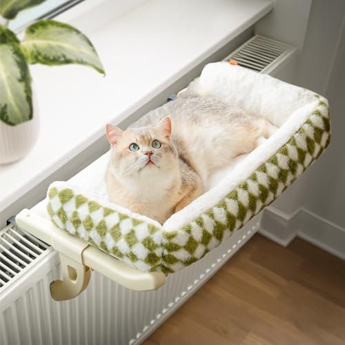 MEWOOFUN Katzen Hängematte Fenster Katzenbett Fensterbank für Katzen - 50x36cm Katzenbett für Heizung Katzen Hängematte mit mit weichem Bett Abnehmbarem Saugnapffrei hält 18kg (Gree L- with mat)