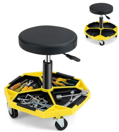 TANGZON Rolling Mechanic Stool with Removable Tool Tray | 41-55 cm Adjustable Height, 360 Swivel Padded Seat, Wheels, 150 kg Capacity, Garage And Workshop Use