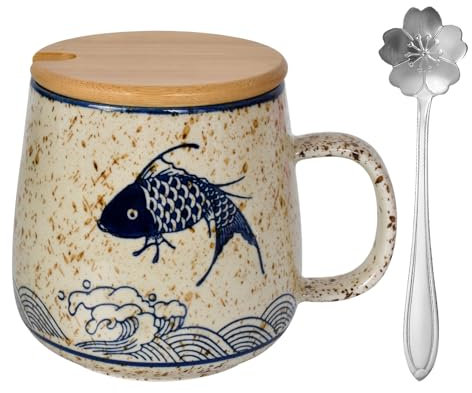 Süße Keramikkaffeetasse, 380ML Kaffee-Milch-Tee-Becher, Kaffeetassen mit Deckel & Löffel, Keramik Tasse mit Griff für Sicher, Morning Cup Kaffee, Tee, Wasser, für Büro, Zuhause, Geschenk (Fischmuster)
