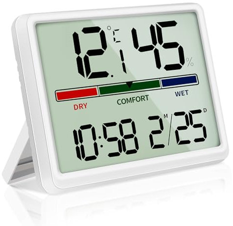 Vemfay Igrometro Termometro per Interni, Digitale LCD Igrometro Interno con Indicatore di Clima Della Stanza, Temperatura e Umidità con Orologio e Data per Controllo Climatico Ambiente, Bianco