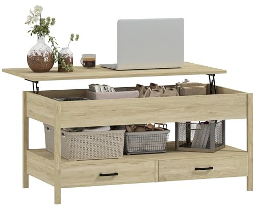HOMCOM Table Basse Plateau relevable, Table de Salon rectangulaire avec tiroirs et Compartiment caché pour Salon, Bureau à Domicile, 100 x 50 x 62 cm, chêne