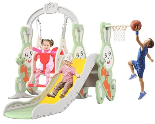 Toboggan pour Enfants 4 en 1, Aire de Jeux avec Toboggan, balançoire, Descalier, Panier de Basket, Kit de Jeu autoportant Exterieur Interieur pour Tout-Petits de 18+ Mois (Lapin Vert)