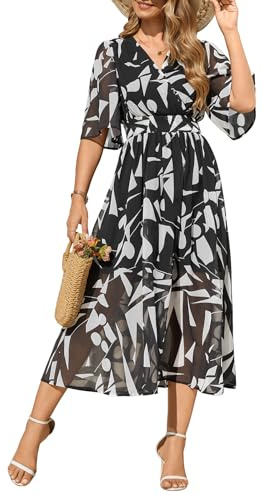 CMTOP Abiti Donna Estivi Vestiti Lungo Manica Corta Vestito Elegante Scollo a V Boho Stampa Floreale Vestiti Casuale Vita Alta Elastica Abiti da Mare Spiaggia Vacanze Party