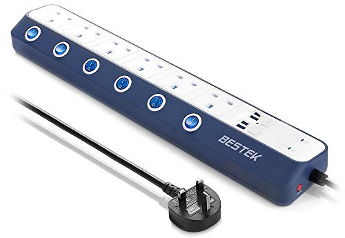 BESTEK Surge Protection Extension Lead, 1.8M 6 Way individual Switch Power Strip Plug Socket with 4 USB Ports (6 Way-White)