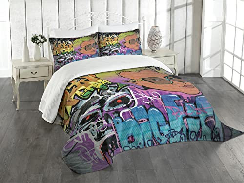 ABAKUHAUS urban Graffiti Tagesdecke Set, Hip Hop Entwurf, Set mit Kissenbezügen Waschbar, für Einzelbetten 170 x 220 cm, Lila Grau