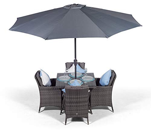 Giardino Savannah Rattan Garden Dining Set 4 Seater Outdoor Table & Chairs Patio Furniture with Parasol & Cover, Aluminium Frame, 90 x 90cm, Grey