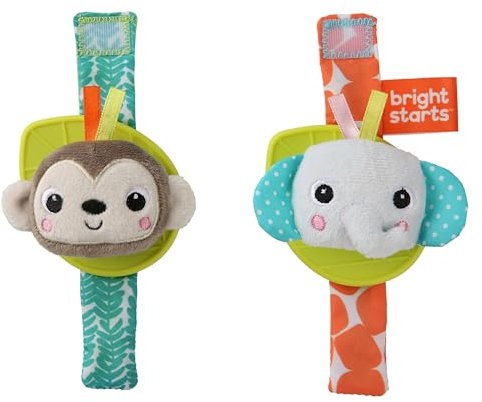 Bright Starts 12092 Rassel- und Beißringarmband Affe und Elefant, tragbar an Hand- oder Fußgelenk, BPA-frei , mehrfarbig