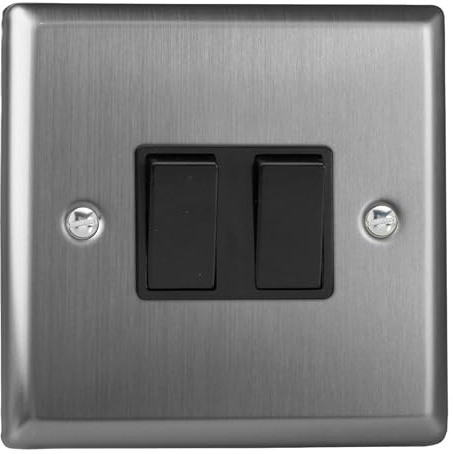 Varilight Double Rocker Light Switch 2-Way - Classic Brushed Steel With Black Rockers, XT2B
