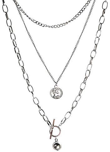 SEVENSTONE Silver Layered Necklace Lock Key Pendant Keychain Punk Chunky Necklace Long Chain Statement Choker for Women Men, Metal