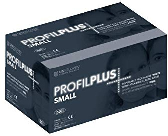 UNIGLOVES OP-Mundschutz PROFIL PLUS Small Typ IIR, für Kinder, verschiedene Farben - 50 Stück, 3-facher, glasfaserfreier Filter mit eingearbeiteten Nasenbügel, latexfrei, nickelfrei (Weiß)