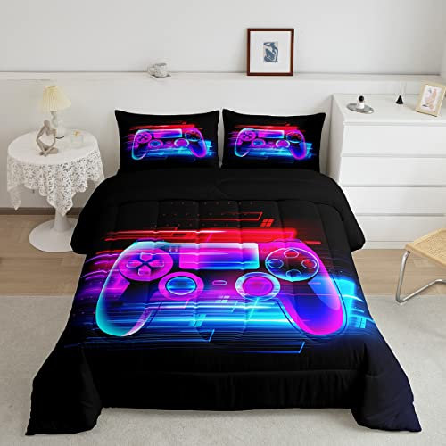 Feelyou Videospiel-Bettwäsche-Set Queen Gamer Schmusetuch Set für Kinder Jungen Teenager Luxuriös Rot Blau Gaming Neon Textur Game Controller Gesteppt Bettbezug mit 2 Kissenbezügen Weich Atmungsaktiv