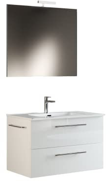 Mama Store ERA 100 - Mobile Bagno Sospeso 100 CM BIANCO LUCIDO LACCATO con Lavabo, Specchio e Lampada LED, L. 101 X P. 47 X H. 53 cm