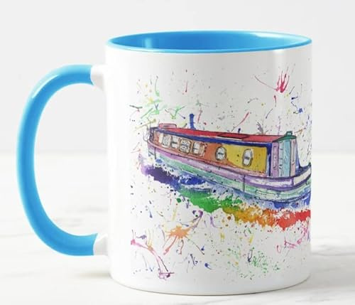 Vixar Narrowboat Canal Boat Watercolour Art Coloured Mug Cup Gift Birthday Work Office Christmas Tea Coffee (L Blue)