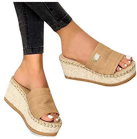 Damsandaler med kilklack sommar kilklack peep toe tofflor sandaler damer pantoletter espadrille kilklack tofflor sommar mules kvinnor platå sommarskor tofflor strandskor, GUL, 37