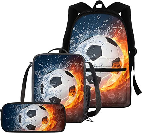 chaqlin 3D-Fußball-Rucksack-Set für Jungen und Teenager, 3-teiliges Sport-Fußball-Rucksack-Set mit niedlichem Federmäppchen, isolierte Brotdose für Kinder, Schulranzen-Set