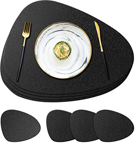 YUNJUER 4 Silicone Table Mats and 4 Coasters, Heat Resistant 450 °F, Washable and Waterproof Place Mat, Leaf Pattern Design, Easy to Clean, Placemats for Kitchen, Restaurant, Hotel, Dining Room, Black