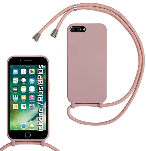 MBSLFY Silikon Handykette für iPhone 6/6s Plus/7/8 Plus Hülle mit Band,Silikon Necklace Handyhülle mit Abnehmbar Kordel zum Umhängen Stossfest Bumper Handy Schutzhülle für iPhone 8 Plus, Hell Pink