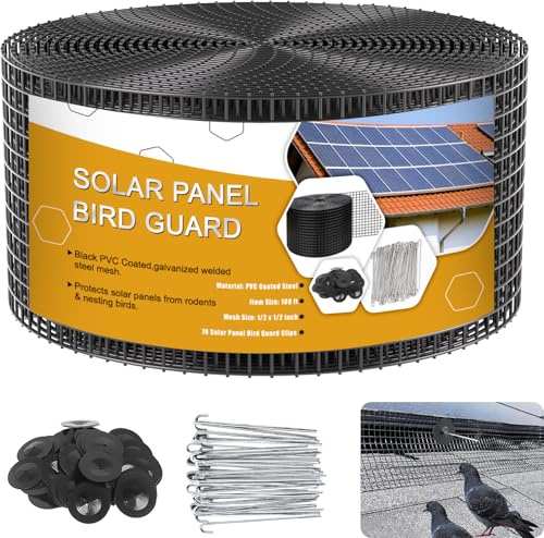 Solar Panel Bird Wire,8 Inx100 FT Critter Guard PVC Coated,Birds from Entering and Nesting Roll Kit/Critter Guard with 70 Fastener Clips Rooftop Solar Panel for Squirrel Bird Critters