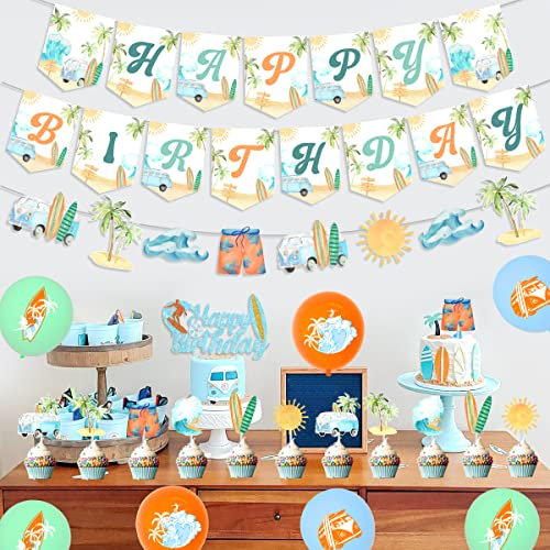 Sommer Surfen Geburtstag Party Dekorationen Vintage Surfen Happy Birthday Banner Retro Surfen Kuchen Cupcake Toppers für Sommer Hawaiian Strand Geburtstag Dekoration Schwimmbad Hawaii Party Supplies