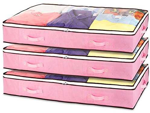Stackzy Flat Clothes Underbed Storage Bags – Sturdy Fabric Storage Solution – Foldable Underbed Container and Closet Organiser – Reinforced Storage Bin for Clothes – 3pcs, Pink 75L Capacity