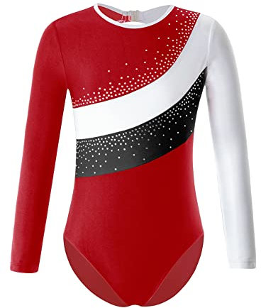 iEFiEL Mädchen Metallic Turnanzug Langarm Gymnastikanzug Tanzbody Leotard mit Strass Glänzende Ballett Trikot Turnkleidung Tanzkostüm Wd Rot + Weiß 170-176
